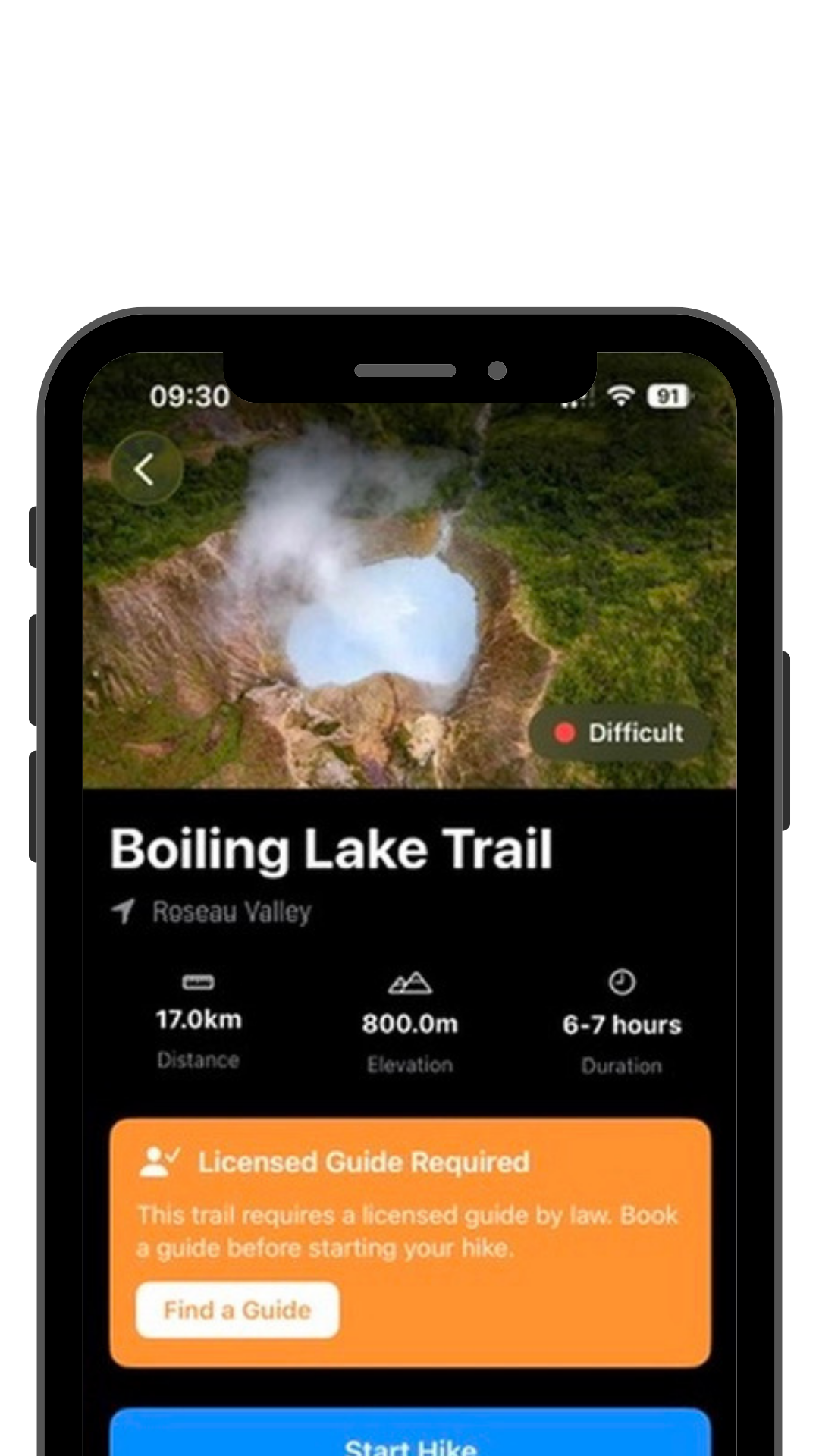 Windward Atlas guide recommendation screen for the Boiling Lake hike